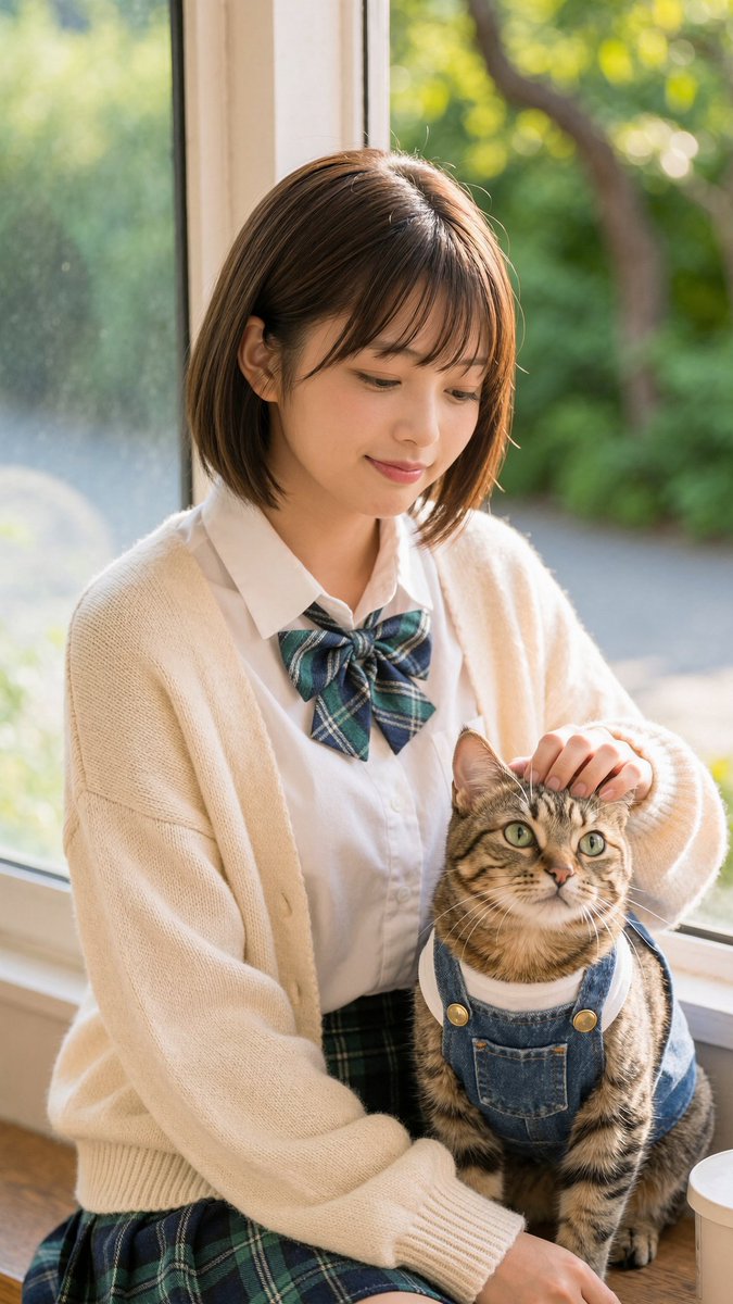 Schoolgirl and Cat by Sunny Window
