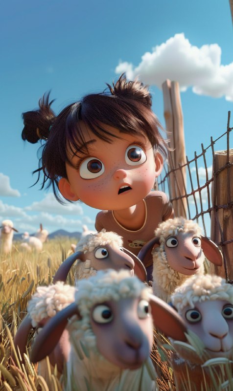 Pixar Girl Releasing Alpacas Through a Field Gate