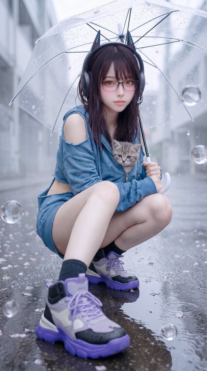Rainy Alley Cat Ear Fashion Portrait