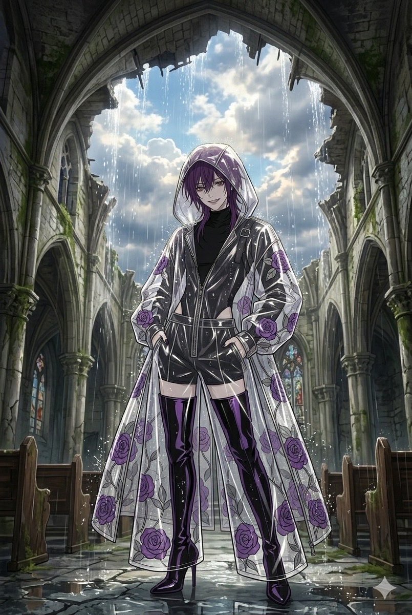 Raincoat Saint in Ruined Cathedral