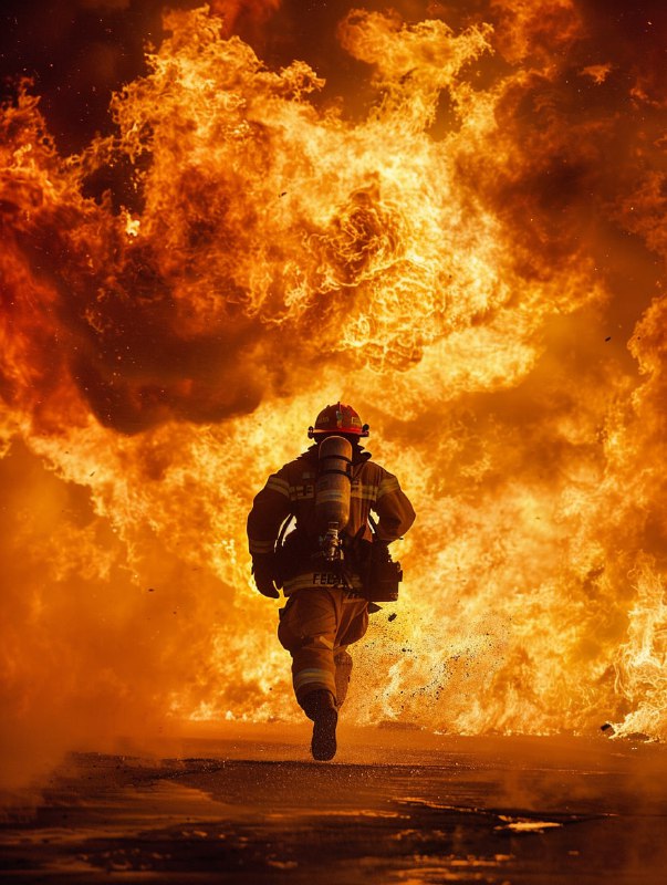 Chinese Firefighter Sprinting Toward Massive Flames