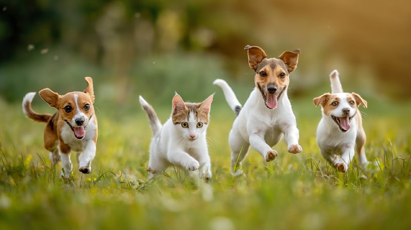 Happy Dogs and Cats Jumping Through a Sunny Field