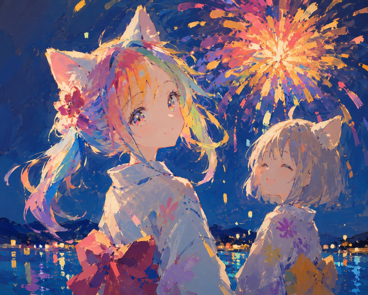 Summer Fireworks Cat Girl Illustration