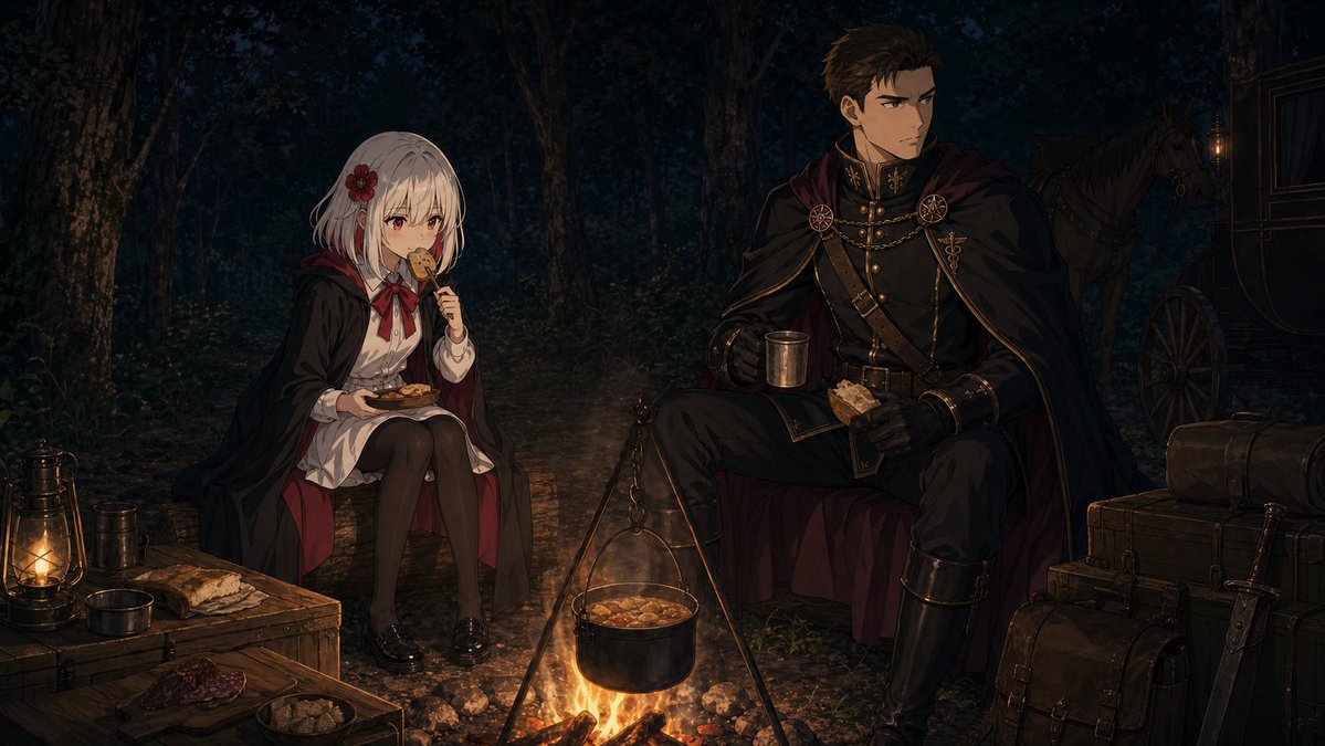 Dark Anime Forest Camp Scene