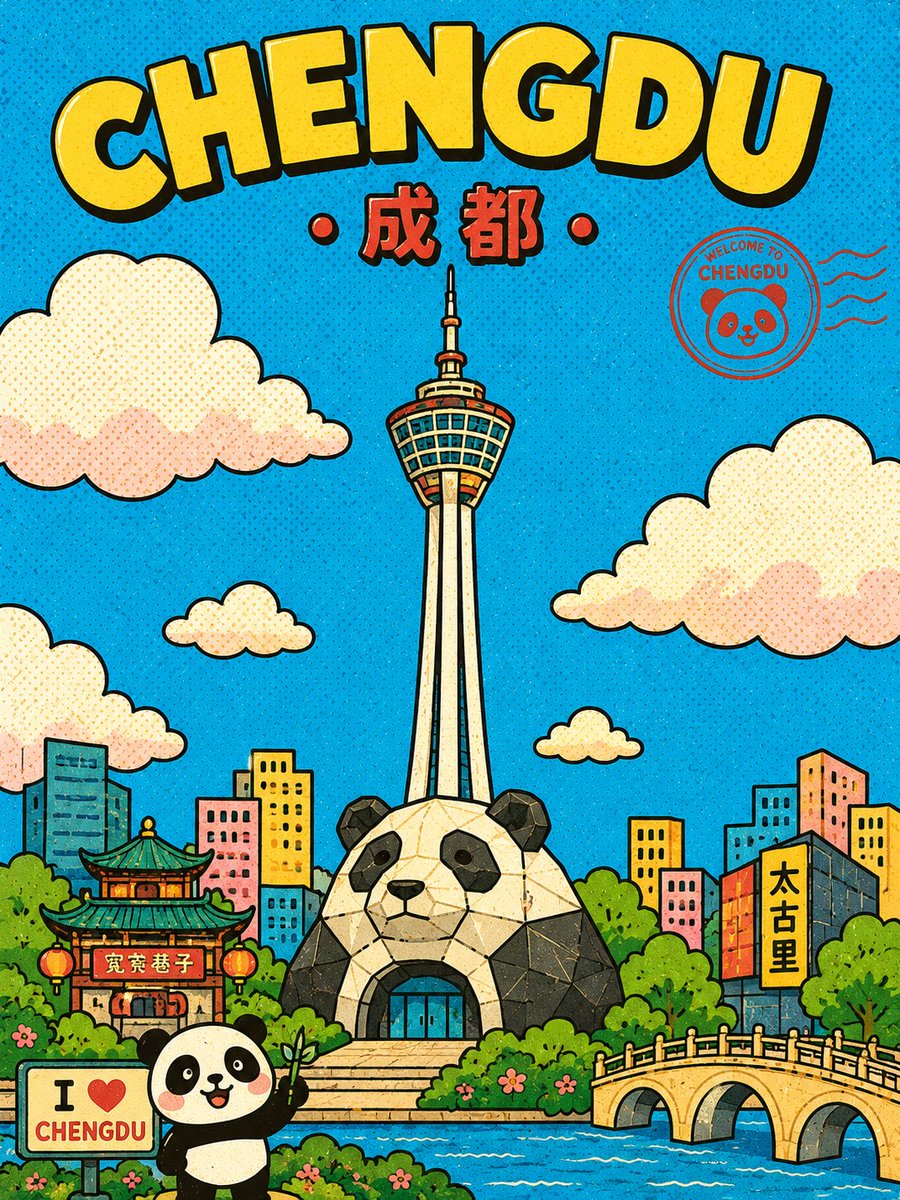 Cute Retro Chengdu Panda Poster