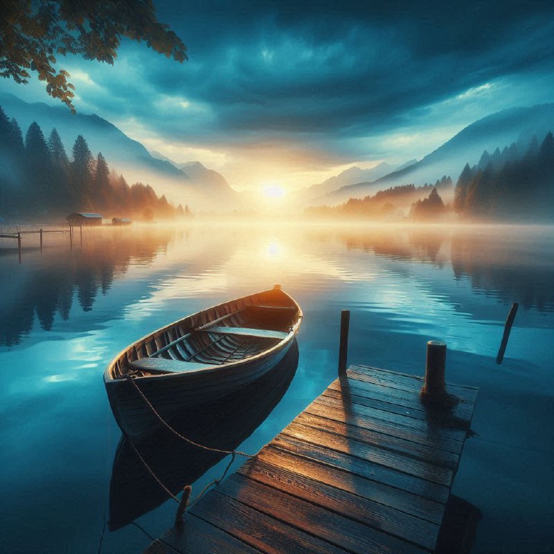 Small Boat on a Lake in Soft Morning Blue Light