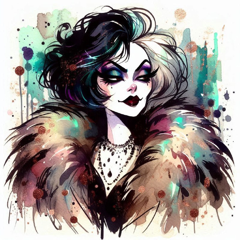Cruella de Vil Watercolor With Copper Patina Splatters