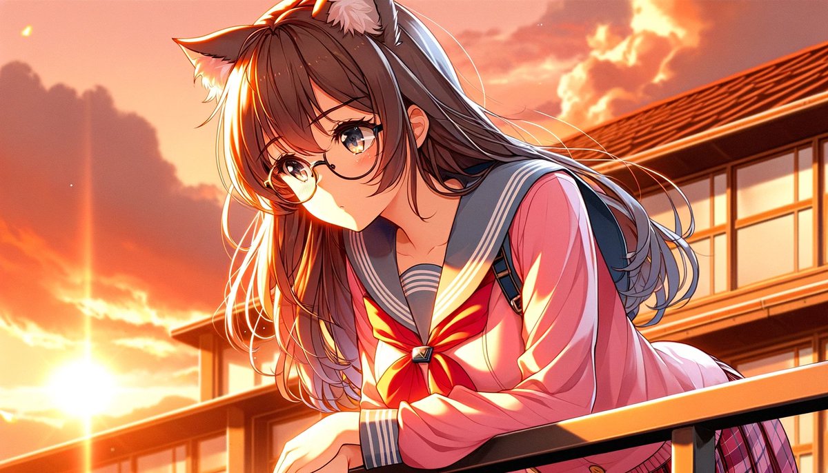 Cat-Eared Girl Sunset Rooftop
