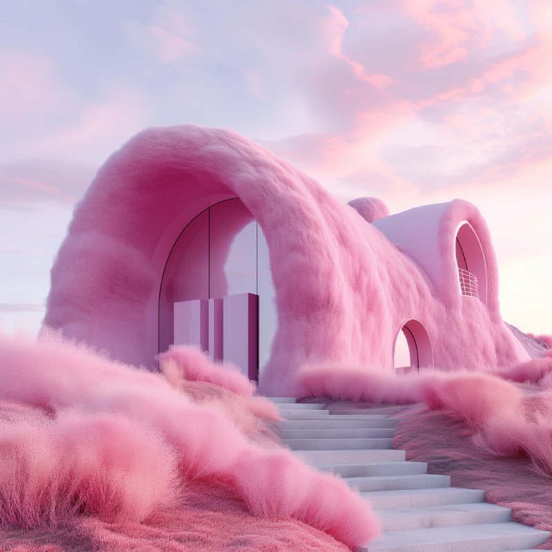 Pink Feather-Covered Arched Building on Pastel Hill