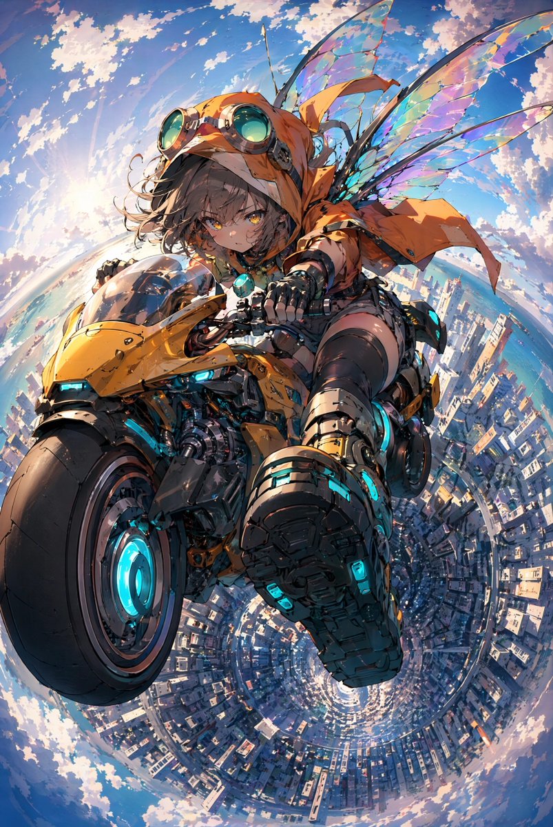 Fairy Biker Girl Hovering Above City