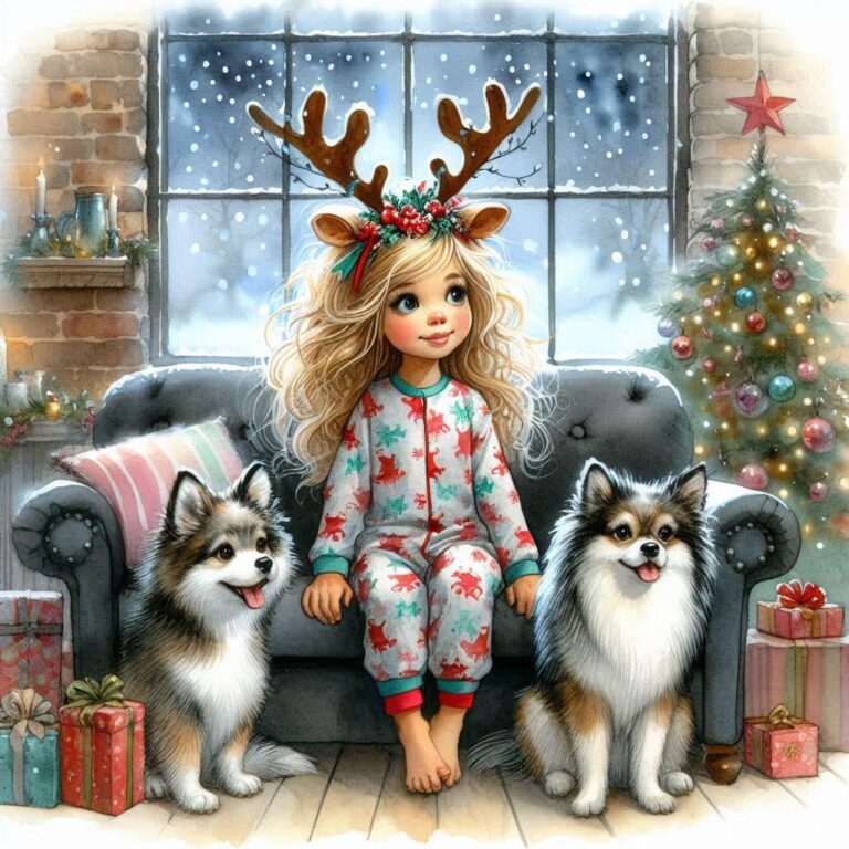 Whimsical Christmas Scene Girl and Dogs