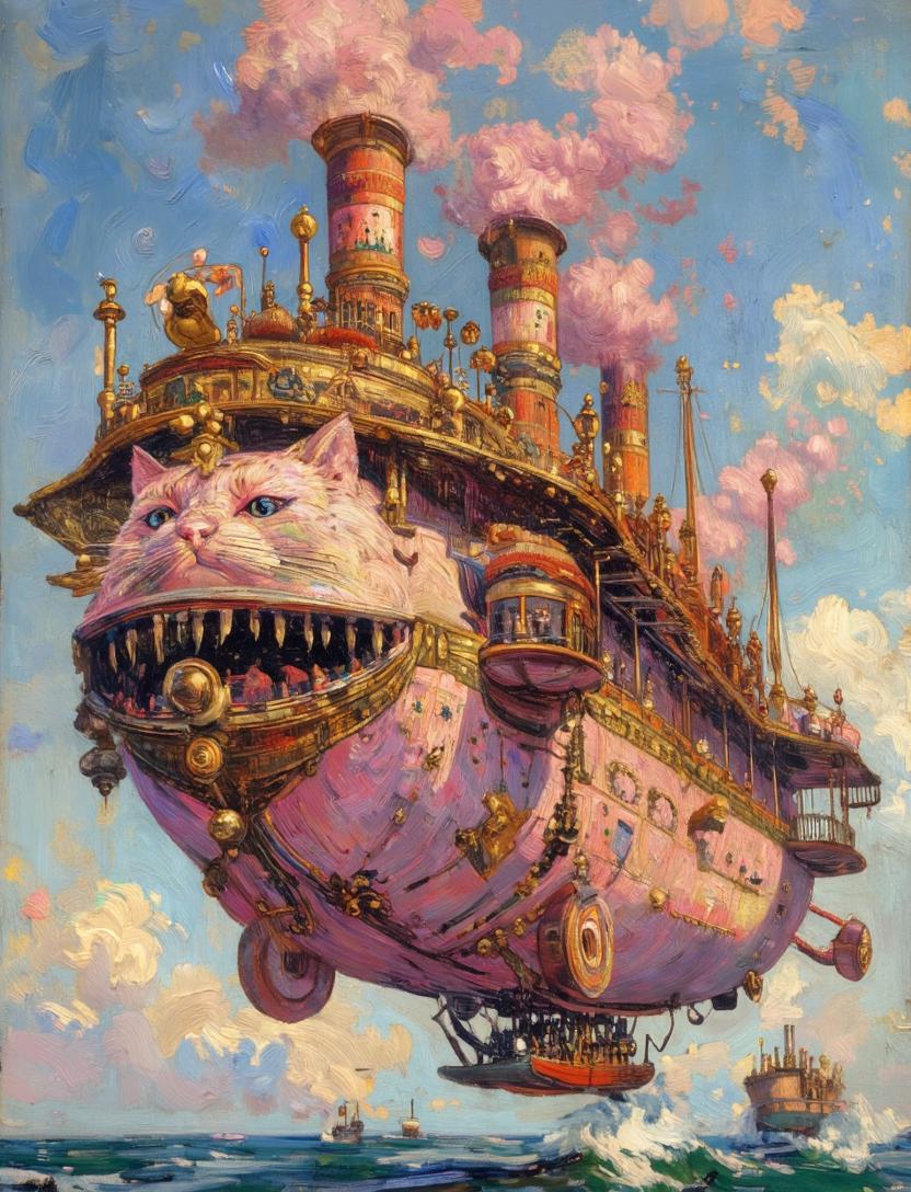 Giant Cat Steampunk Airship Fantasy Painting