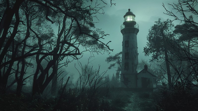 Foggy Forested Lighthouse in Horror Atmosphere