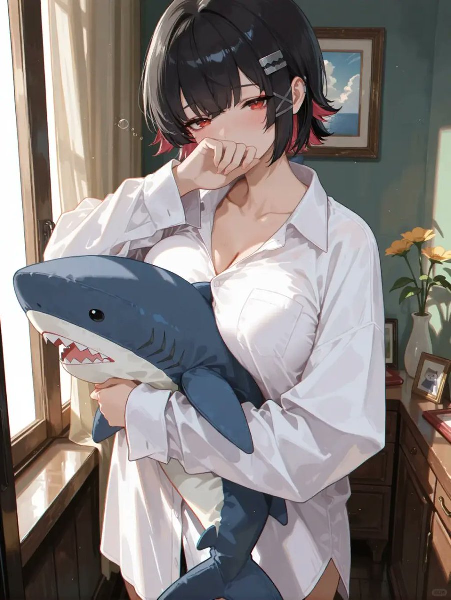 Anime Girl Hugging Shark Plush by Window