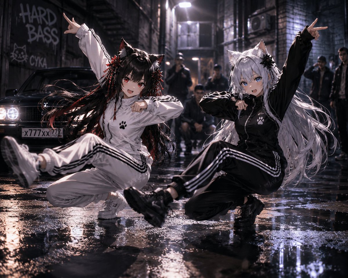 Cyberpunk Cat-Eared Dancers Wet Alley