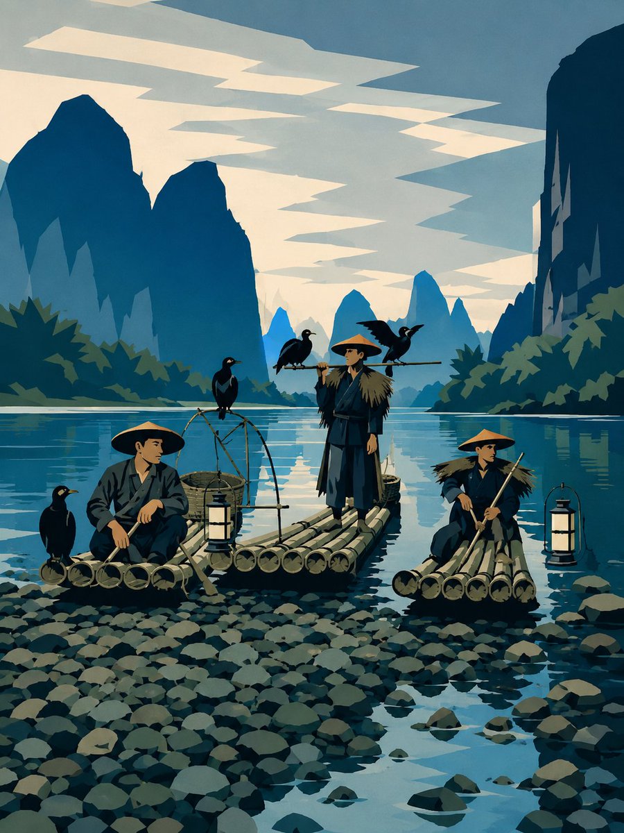 Minimalist Cormorant Fishing Vector Art