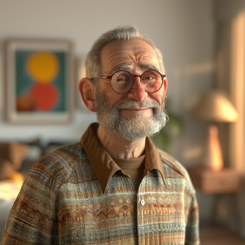 Smiling Grandfather With Beard and Glasses 3D Render