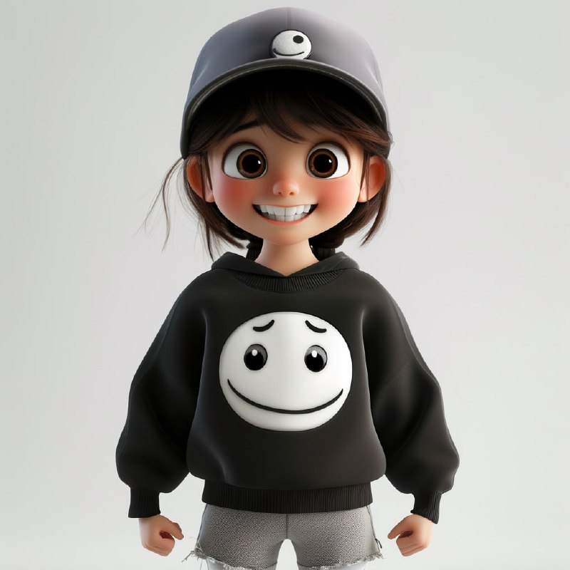 Smiling Girl in Black Smiley Sweater and Baseball Cap