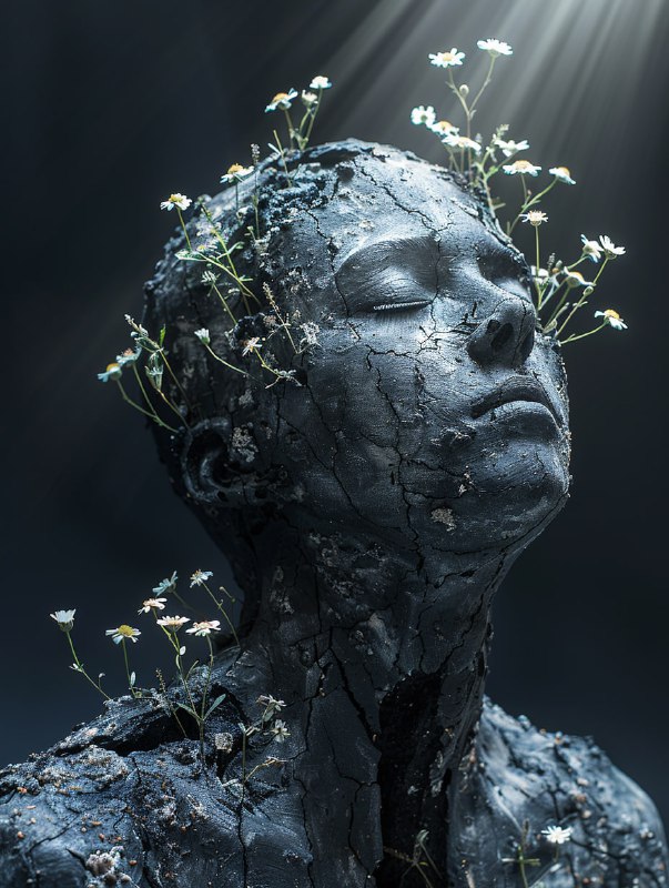 Black Plaster Statue With Wildflowers and Light Beam