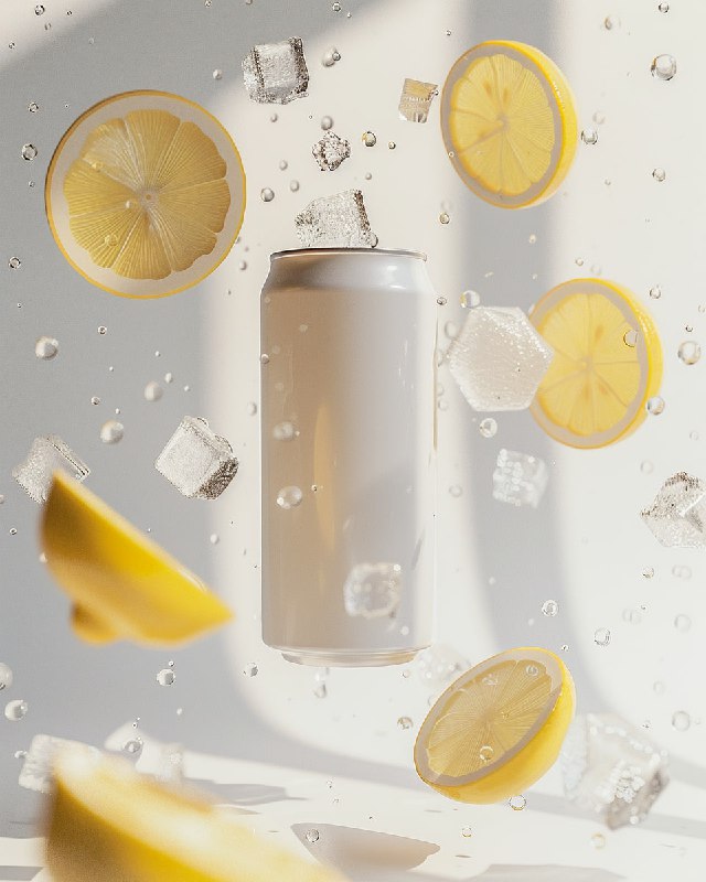 Matte Blank Drink Can Floating With Lemon and Ice