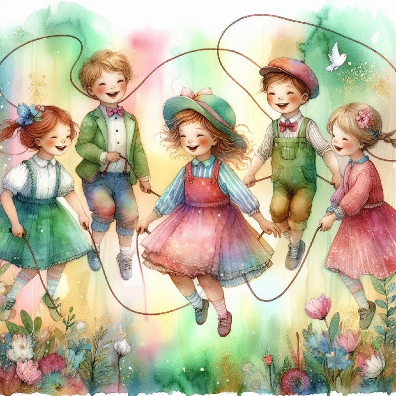 Whimsical Children Skipping Rope in Spring Yard