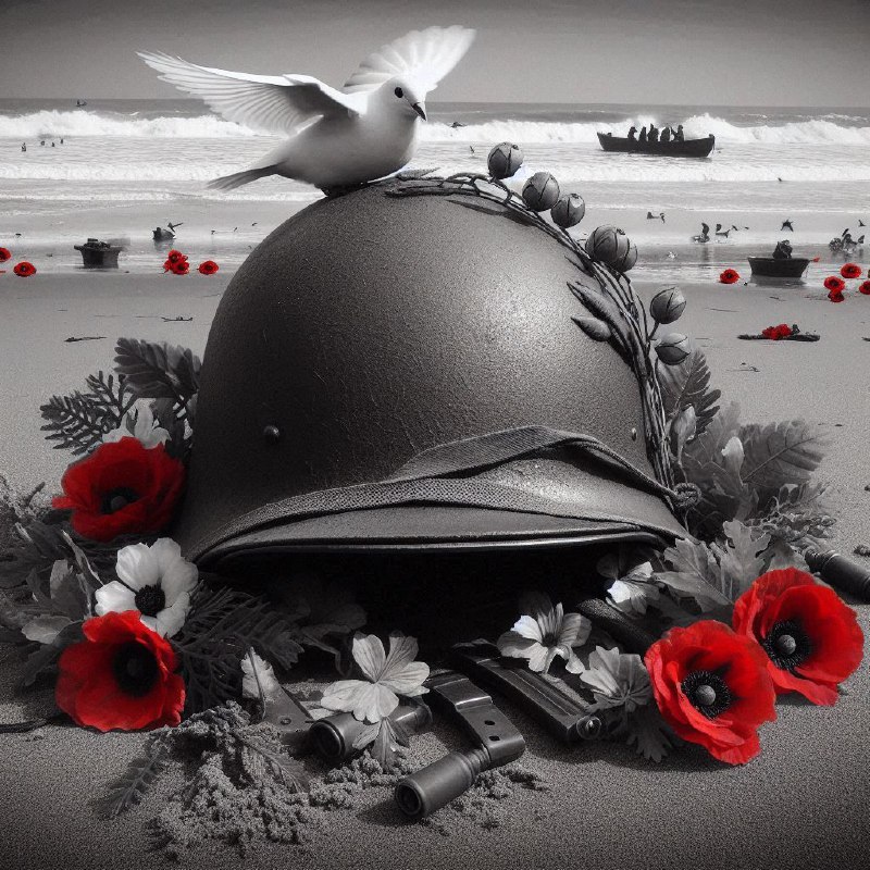 WWII Helmet With White Dove Poppies and Roses on Beach