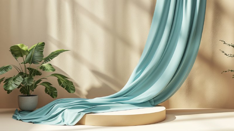 Beige 3D Podium With Aquamarine Cloth Curtain Mockup