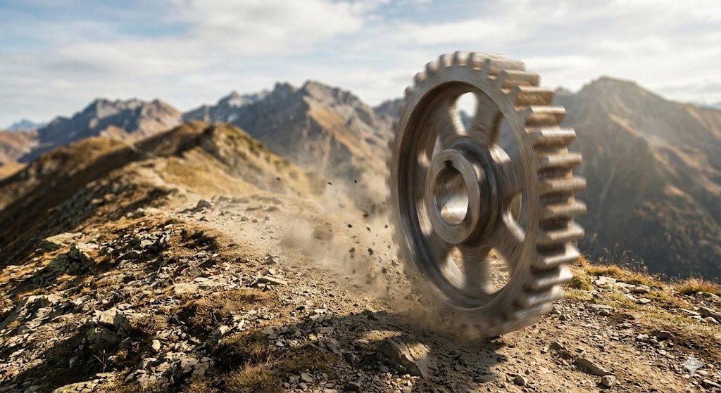 Giant Steel Gear Racing Down Mountain