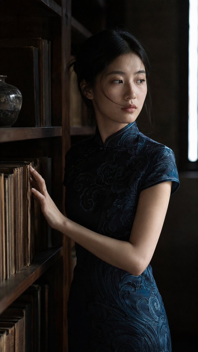 Qipao Woman Reading In Dim Light