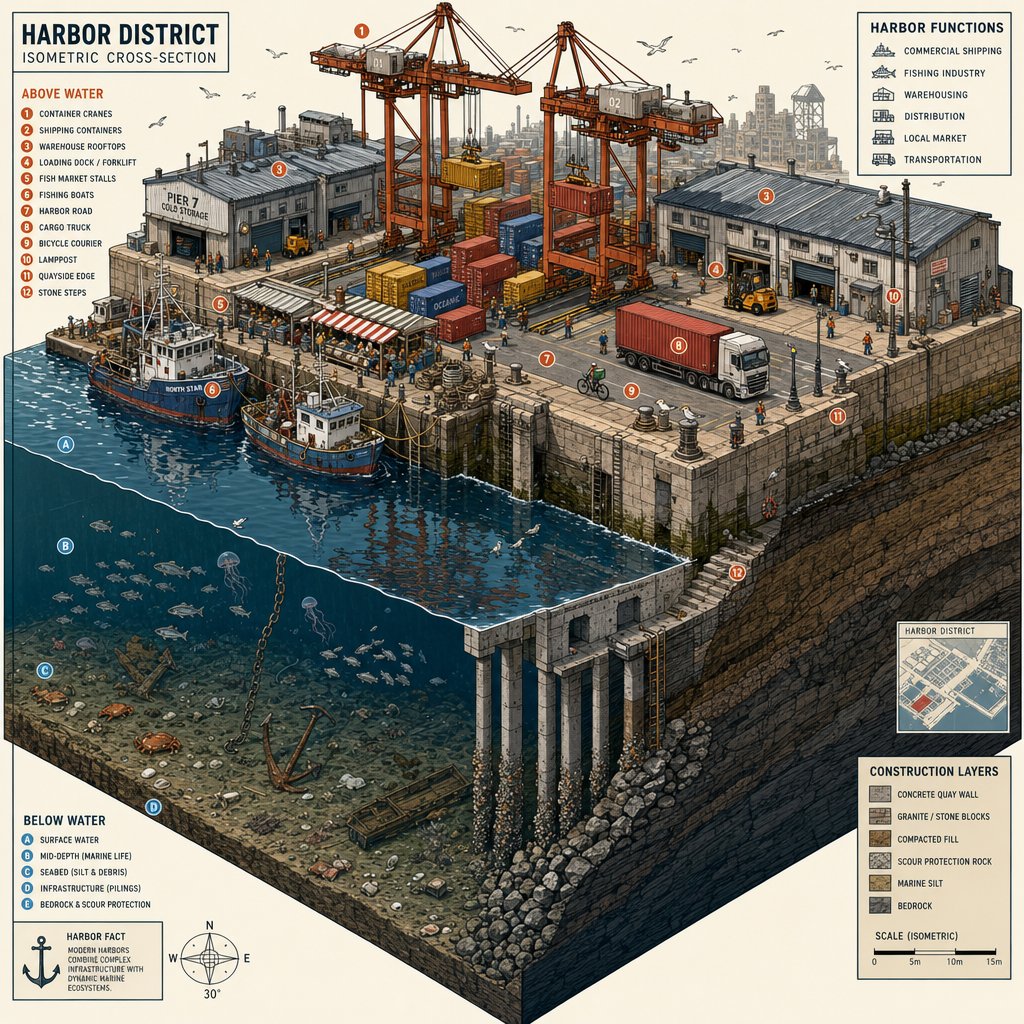 Harbor Isometric Cross Section Art