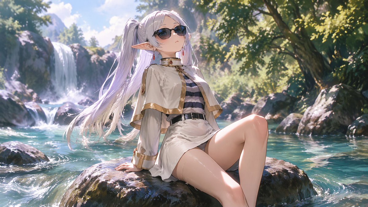 Cool Elf Lounging by Forest Waterfall