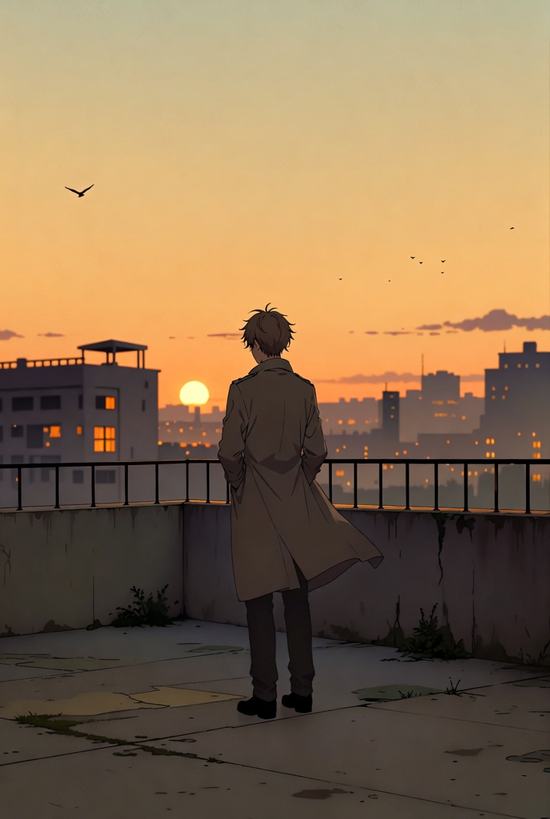 Melancholic Anime Sunset Rooftop
