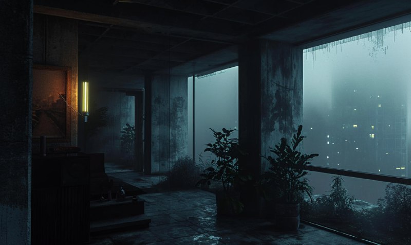 Noir Brutalist Penthouse View in Misty Dystopia