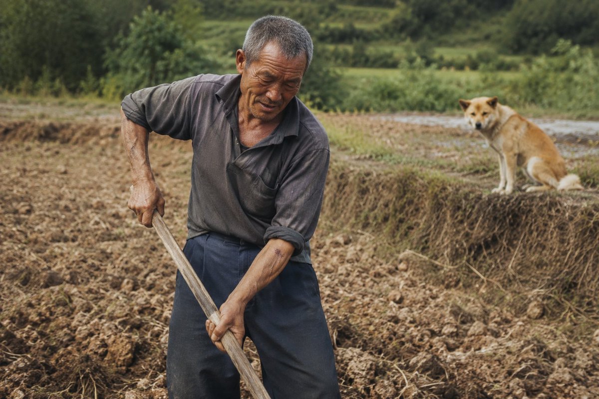 Weathered Farmer Plowing Field