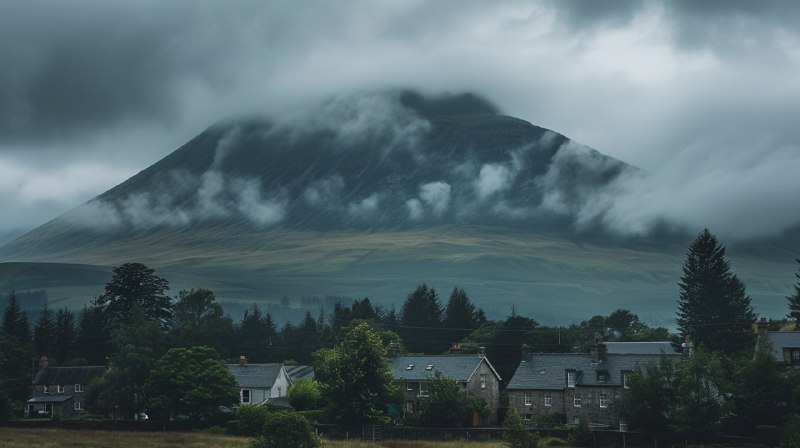 Scottish Highlands Mountain Village Under Gloomy Sky