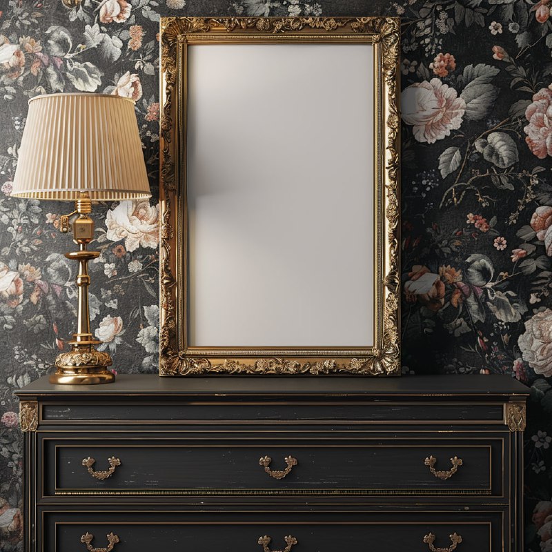 Gilded Frame Mockup on Vintage Dresser With Brass Lamp
