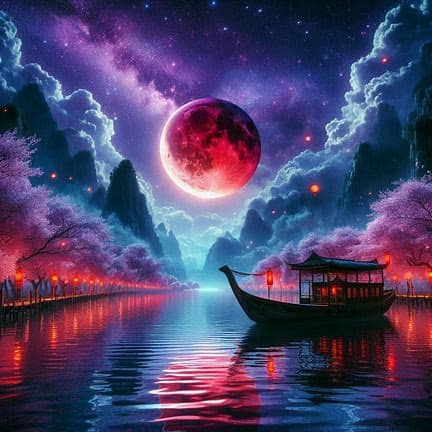 Red Blood Moon Over Chinese Ship and Sakura Shore