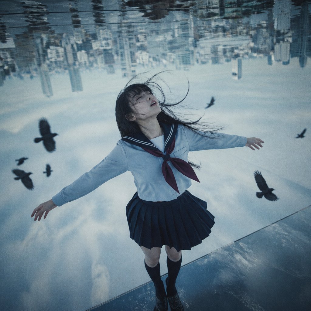 Surreal Girl Falling Into Inverted Sky
