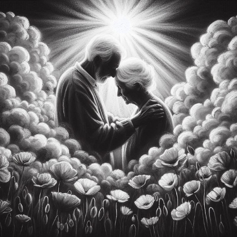 Chalk Drawing of Elderly Couple in Poppy Field
