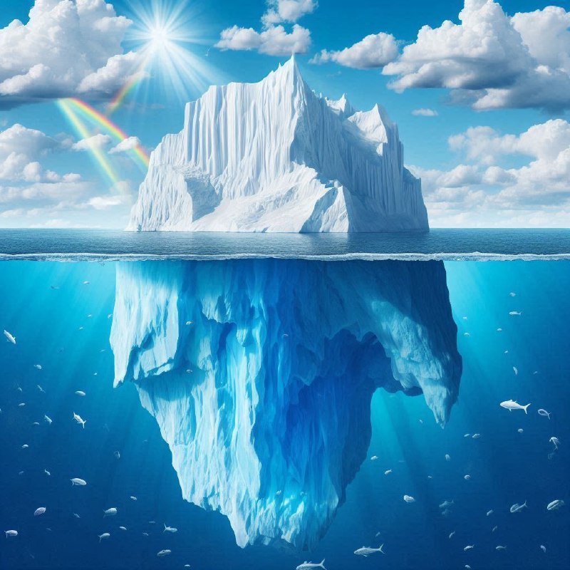 Iceberg Above and Below Water With Rainbow Sky