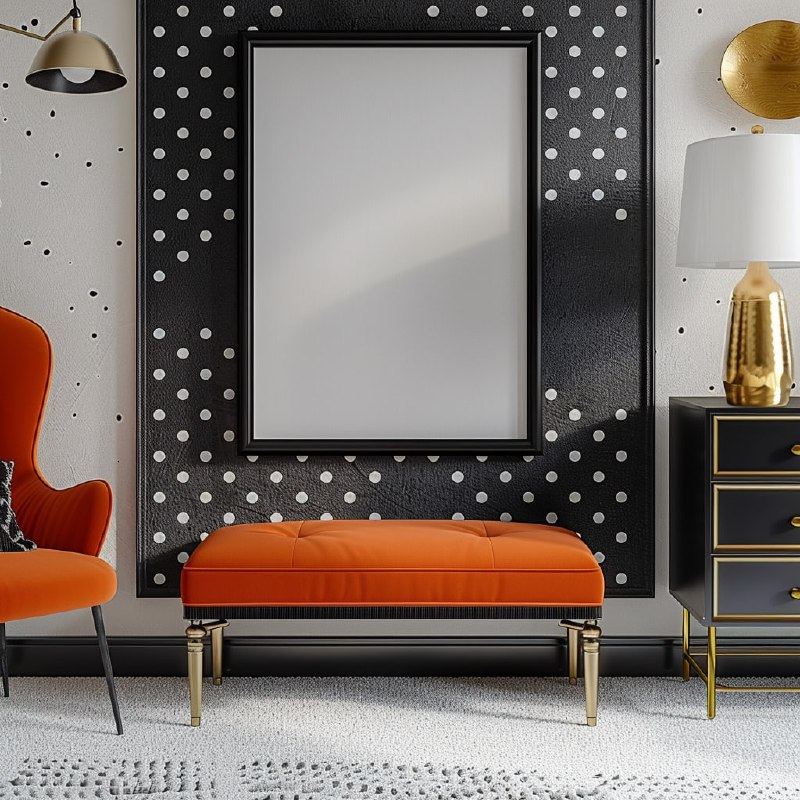 Black Frame Mockup on Polkadot Wall Over Orange Dresser