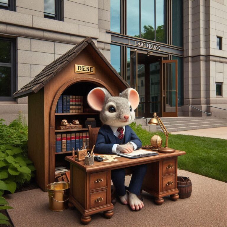 Mouse Lawyer in Three-Piece Suit at Tiny Office Desk