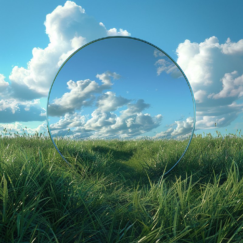 Round Mirror Standing in a Grassy Field of Clouds