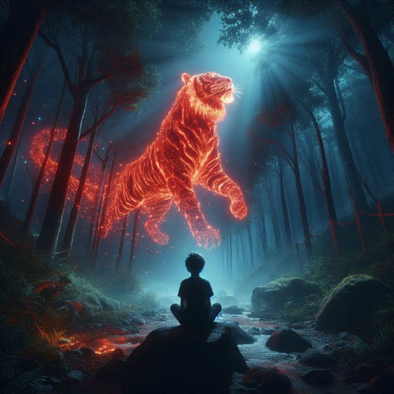 Boy on a Rock Gazing Upward in Dark Enchanted Forest