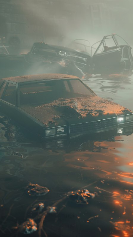 Submerged Car in Foggy Orange Dystopian Underwater Scene
