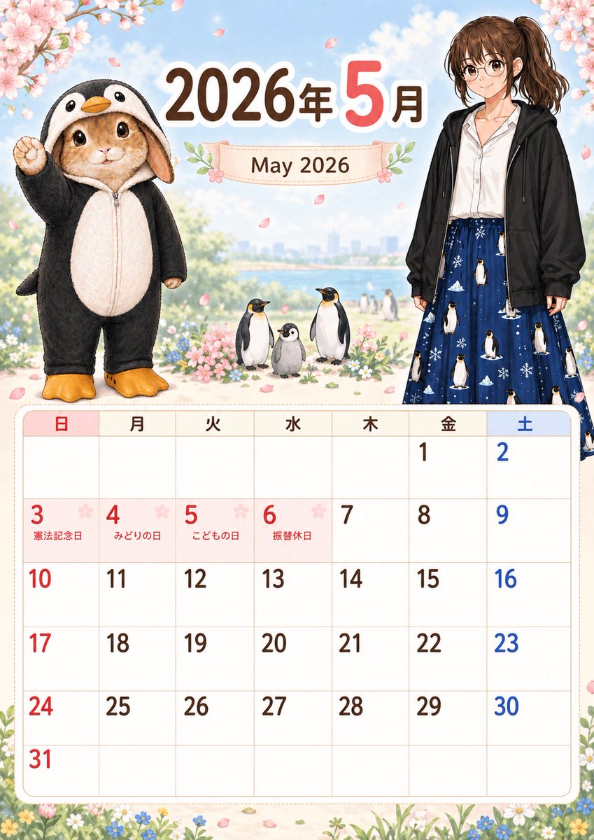 Bunny Penguin May Calendar