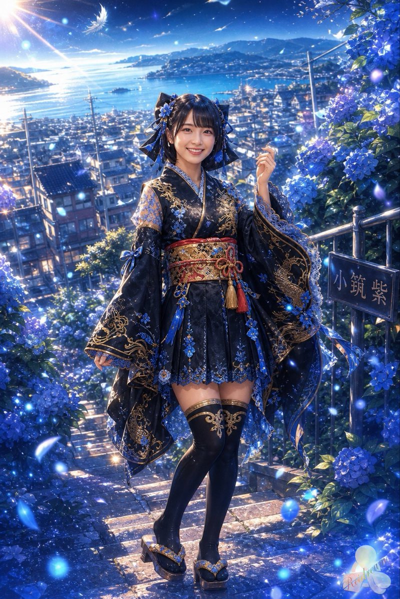 Anime Girl on Hydrangea Stairs