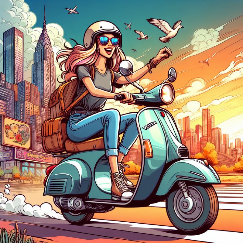 Cartoon Young Rider on Vespa Scooter in Vibrant Colors
