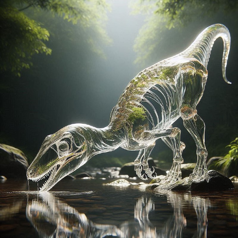 Crystal Transparent Velociraptor Drinking From Stream
