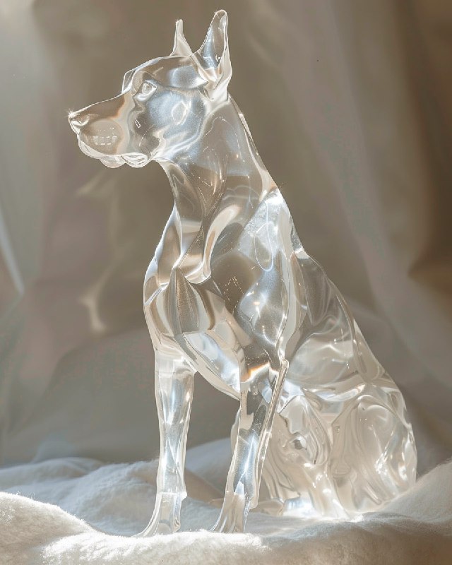 Diamond Carved Doberman Sculpture in Snowy Sunlight